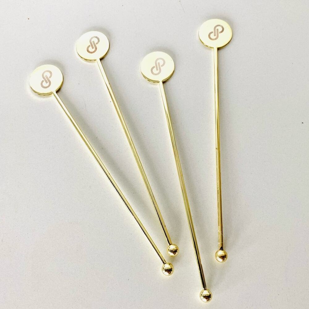 NEW POSHMARK Gold Logo Circle Disc Cocktail Stir Stick Stirrer Barware Set 4
